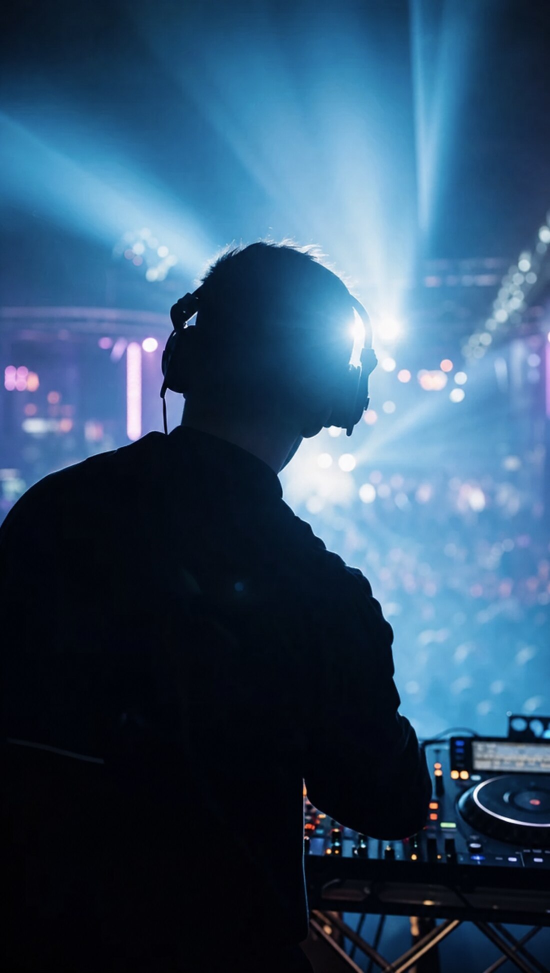 Silhouette d'un DJ de Rhums Event en pleine prestation sous jeux de lumières bleus